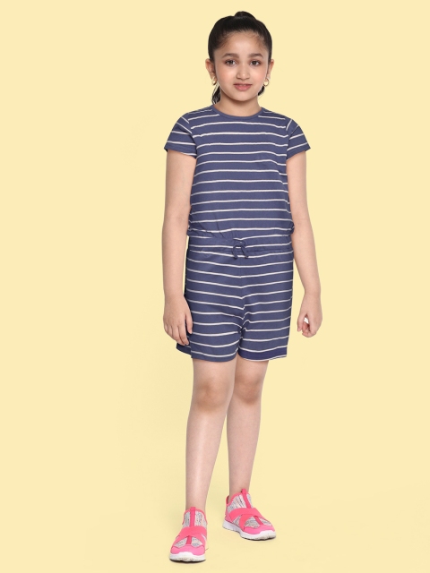 

GAME BEGINS Girls Navy Blue & White Striped Cotton Playsuit