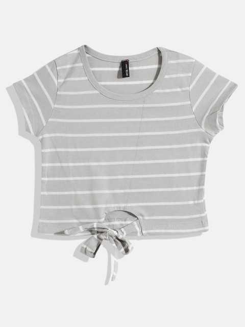 

GAME BEGINS Girls Grey & White Pure Cotton Striped Top