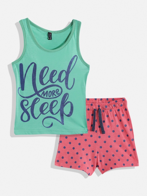 

GAME BEGINS Girls Green & Navy Blue Cotton Printed Top with Shorts