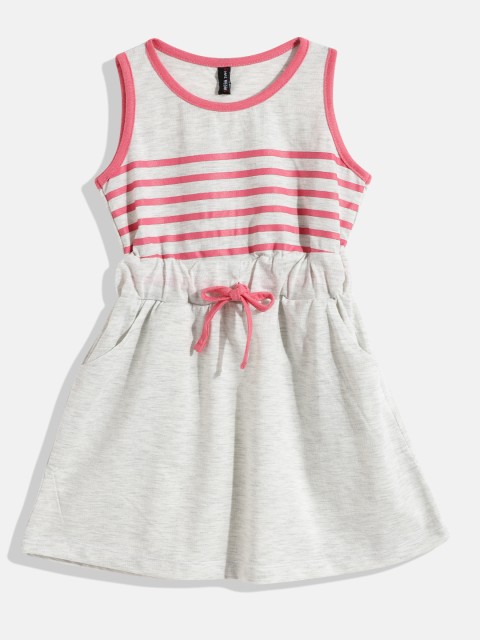 

GAME BEGINS Girls Grey Melange & Orange Striped Cotton Fit & Flare Dress with Bow Detail