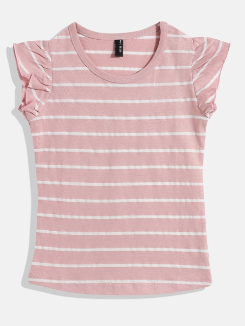 

GAME BEGINS Girls Rose & White Pure Cotton Striped Cap Sleeves Top