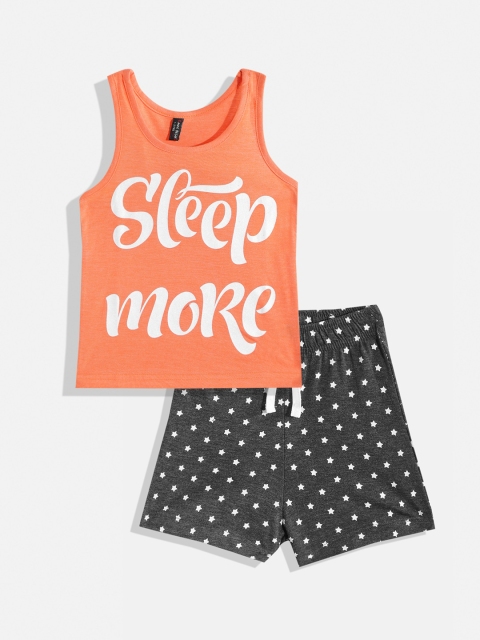 

GAME BEGINS Girls Orange & Grey Cotton Printed Top with Shorts