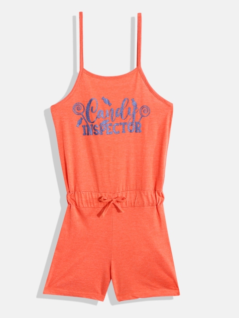 

GAME BEGINS Girls Coral Orange & Navy Blue Typography Printed Cotton Playsuit with Bow