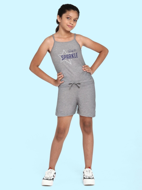 

GAME BEGINS Girls Grey Melange & Blue Printed Cotton Playsuit