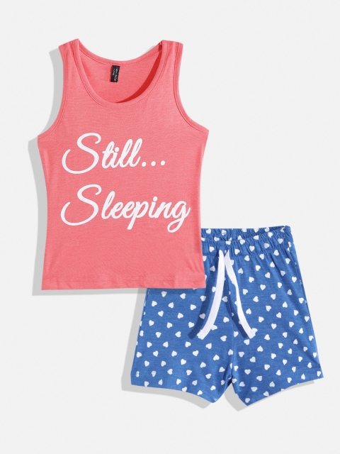 

GAME BEGINS Girls Pink & Blue Cotton Printed Top with Shorts