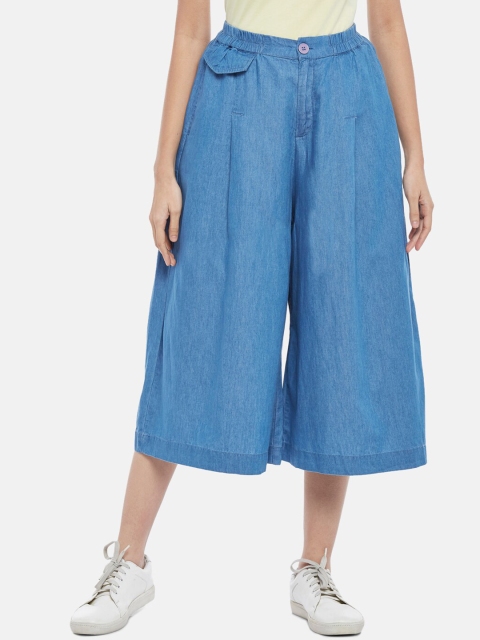 

People Women Blue High-Rise Pleated Culottes Trousers