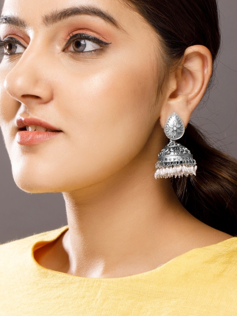 

Rubans Silver-Toned Dome Shaped Jhumkas Earrings