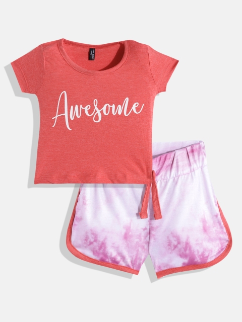 

GAME BEGINS Girls Coral Red & White Printed T-shirt with Shorts