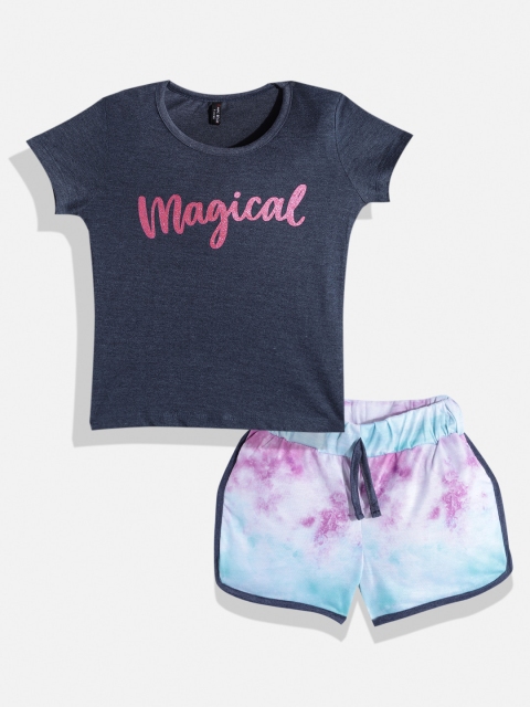 

GAME BEGINS Girls Navy Blue & White Printed T-shirt with Shorts