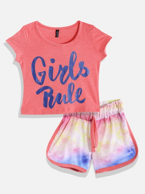 

GAME BEGINS Girls Coral Pink & Blue Printed T-shirt with Shorts