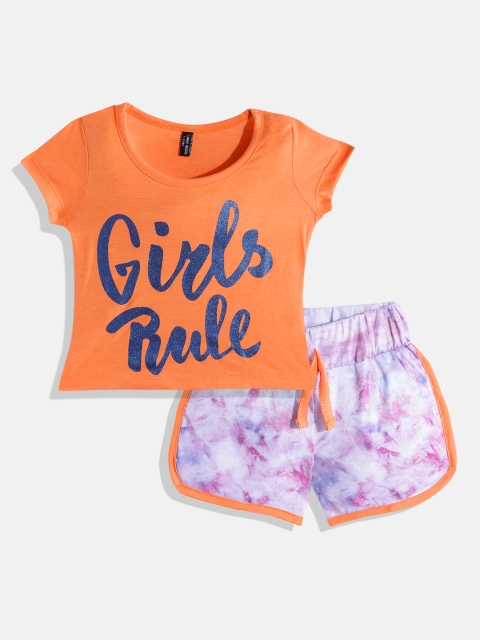 

GAME BEGINS Girls Orange & Pink Printed T-shirt with Shorts