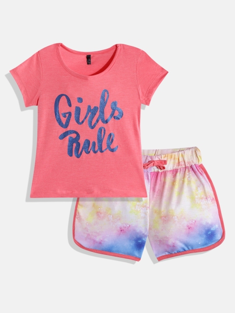

GAME BEGINS Girls Coral Pink & Yellow Printed T-shirt with Shorts