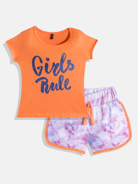 

GAME BEGINS Girls Orange & White Printed T-shirt with Shorts