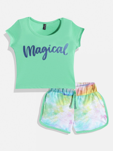 

GAME BEGINS Girls Green & White Printed T-shirt with Shorts