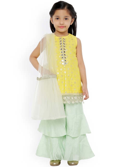 

LIL DRAMA Girls Yellow Embroidered Sequinned Kurti with Palazzos & With Dupatta