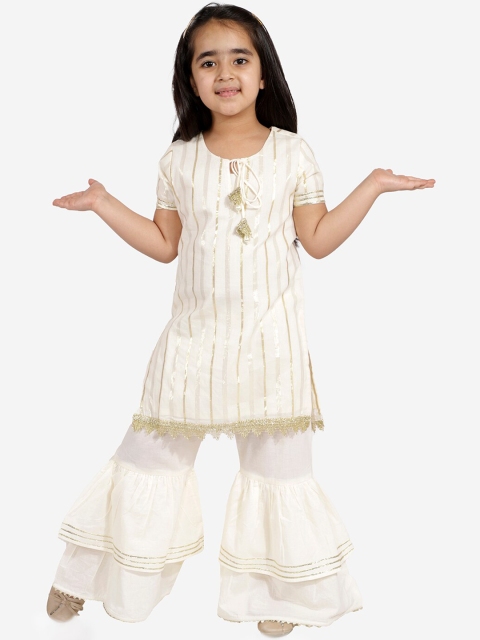 

LIL DRAMA Girls Off White Striped Sequinned Pure Cotton Kurta with Sharara