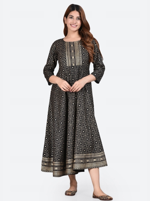 

Glorious Black & Gold-Toned Ethnic Motifs Ethnic Maxi Dress