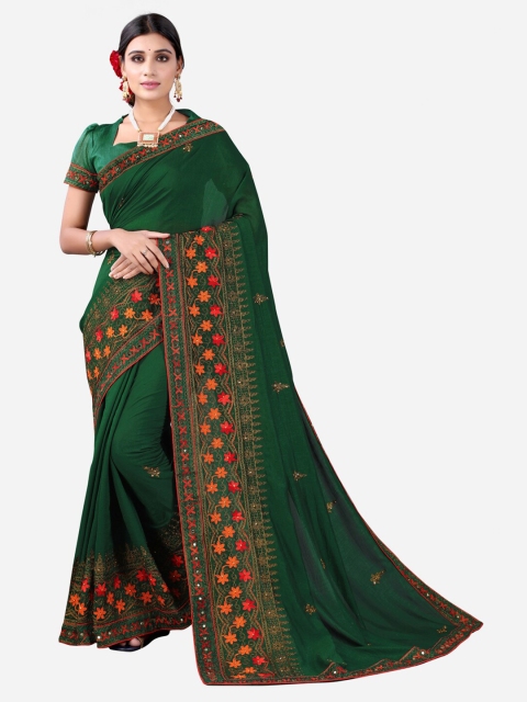 

SIRIL Green & Orange Floral Embroidered Saree