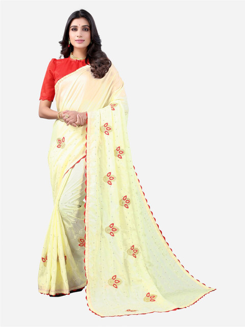 

SIRIL Cream-Coloured & Red Ethnic Motifs Embroidered Saree