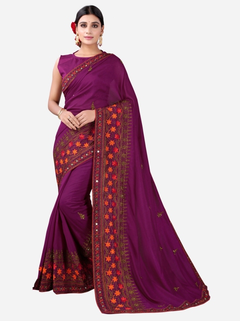 

SIRIL Women Magenta Floral Embroidered Saree