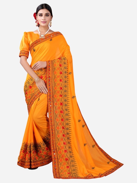 

SIRIL Yellow & Red Floral Embroidered Saree