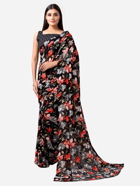 

SIRIL Black & Red Floral Printed Saree