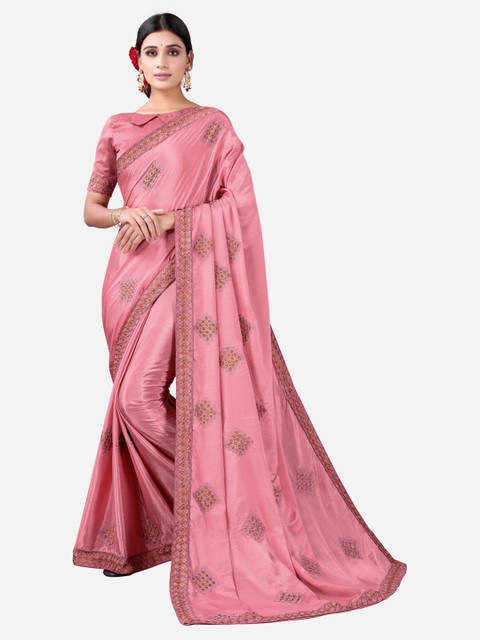 

SIRIL Pink & Golden Embroidered Sequinned Poly Chiffon Saree