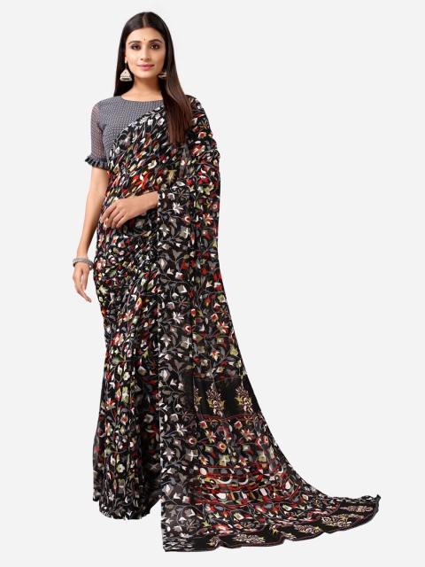 

SIRIL Black Floral Printed Poly Georgette Saree