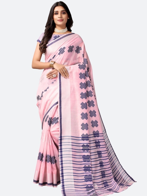 

SIRIL Pink & Blue Geometric Woven Design Polycotton Saree