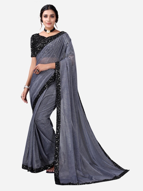 

SIRIL Blue & Black Solid Poly Chiffon Saree