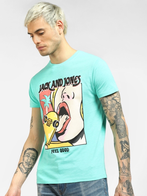 

Jack & Jones Men Blue Printed V-Neck Applique T-shirt