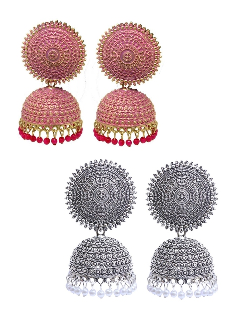 

Vembley Pack of 2 Silver-Toned & Gold-Toned Dome Shaped Jhumkas Earrings