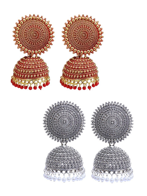 

Vembley Women Silver-Toned & Red Set of 2 Contemporary Jhumkas Earrings