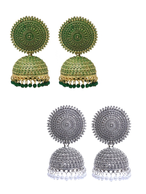 

Vembley Set Of 2 Silver-Toned & Green Gold Plated Contemporary Jhumkas Earrings