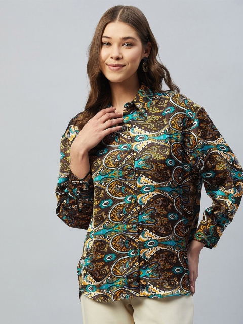 

DELAN Women Brown & Teal Printed Casual Shirt