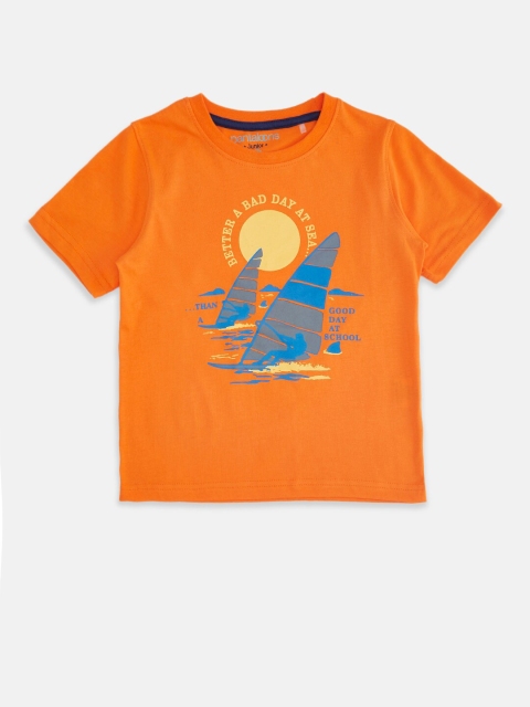 

Pantaloons Junior Boys Orange & Blue Printed Cotton T-shirt