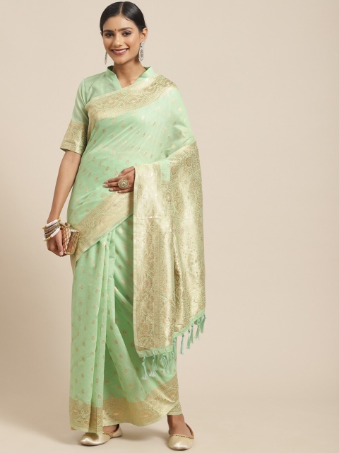 

KALINI Green & Gold-Coloured Floral Zari Silk Cotton Banarasi Saree