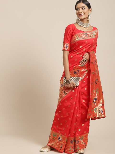 

KALINI Red & Gold-Toned Ethnic Motifs Zari Paithani Saree