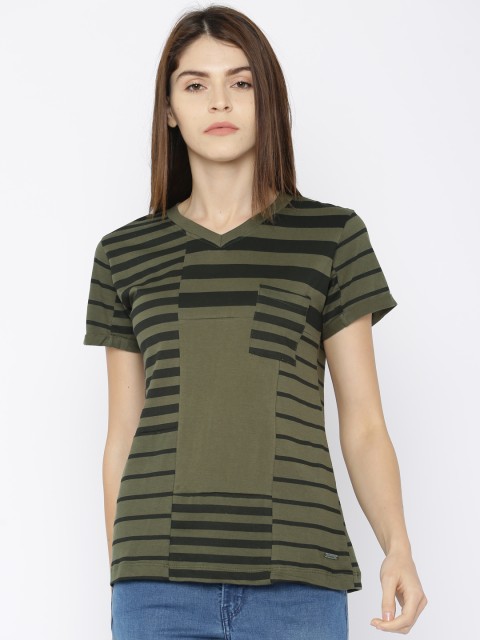 Roadster Women Olive Green Striped Round Neck T-shirt