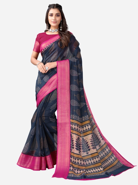 

KALINI Navy Blue & Pink Ethnic Motifs Zari Saree