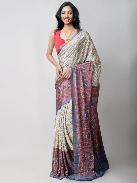 

Unnati Silks Cream-Coloured & Grey Ethnic Motifs Patola Saree