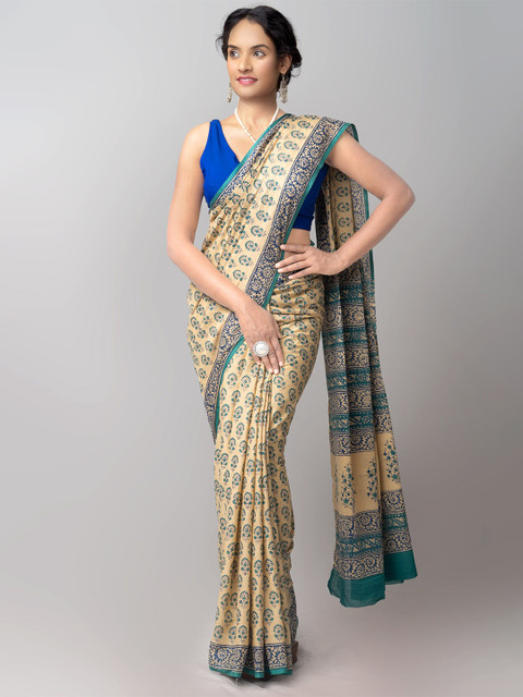 

Unnati Silks Cream-Coloured & Blue Ethnic Motifs Pure Cotton Block Print Saree