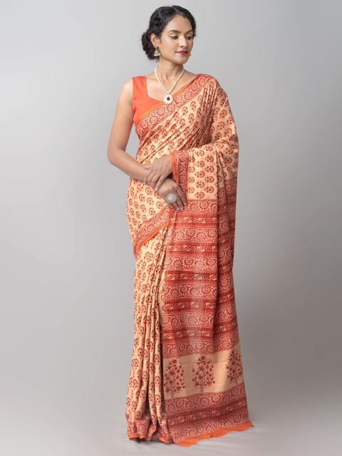 

Unnati Silks Cream-Coloured & Red Ethnic Motifs Pure Cotton Block Print Saree