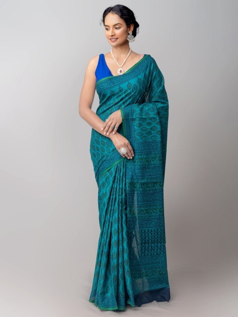 

Unnati Silks Blue & Black Ethnic Motifs Pure Cotton Block Print Saree
