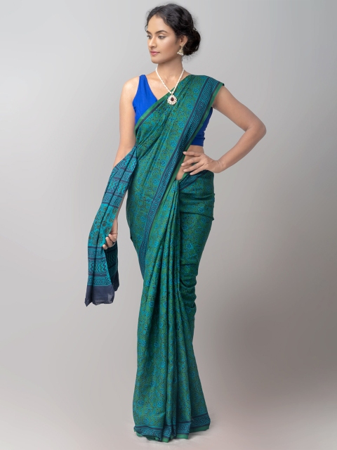 

Unnati Silks Green & Blue Ethnic Motifs Pure Cotton Block Print Saree