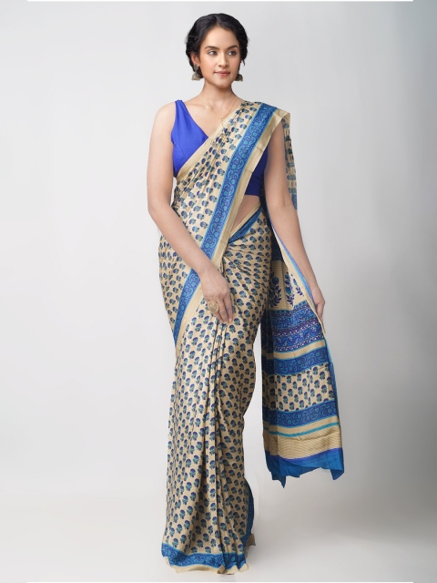 

Unnati Silks Cream-Coloured & Blue Ethnic Motifs Patola Saree