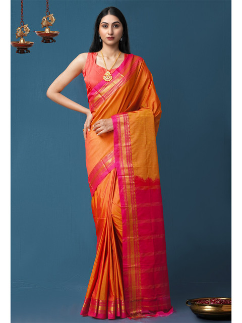 

Unnati Silks Orange & Pink Striped Zari Narayan Peth Saree