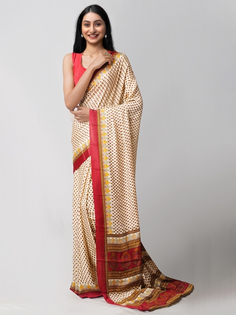 

Unnati Silks Cream-Coloured & Red Ethnic Motifs Patola Saree