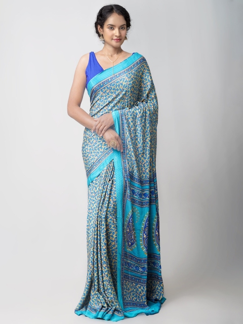 

Unnati Silks Cream-Coloured & Turquoise Blue Ethnic Motifs Patola Saree