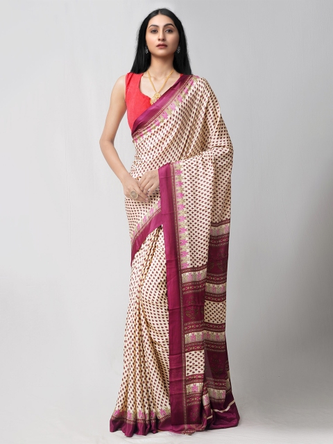 

Unnati Silks Cream-Coloured & Maroon Ethnic Motifs Crepe Soft Silk Saree